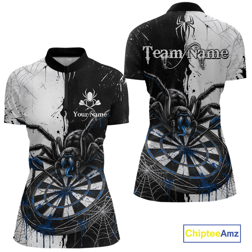 Personalized Black & Blue Dripping Spider Women Dart Quarter-Zip Shirts Custom Dart League Jerseys NYN2097