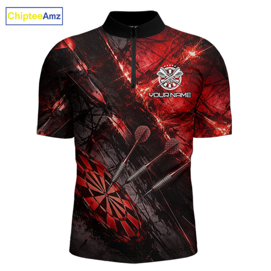 Personalized Black & Red Grunge Dartboard & Arrow Men Darts Quarter-Zip Shirt Custom Dart Team Jersey NYN2618