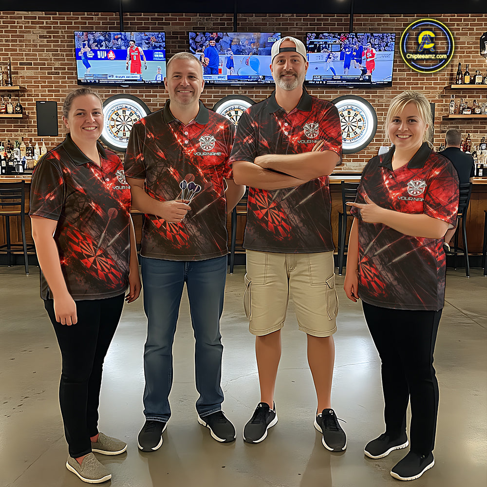 Personalized Black & Red Grunge Dartboard & Arrow Women Darts Polo Shirt Custom Dart Team Jersey NYN2618