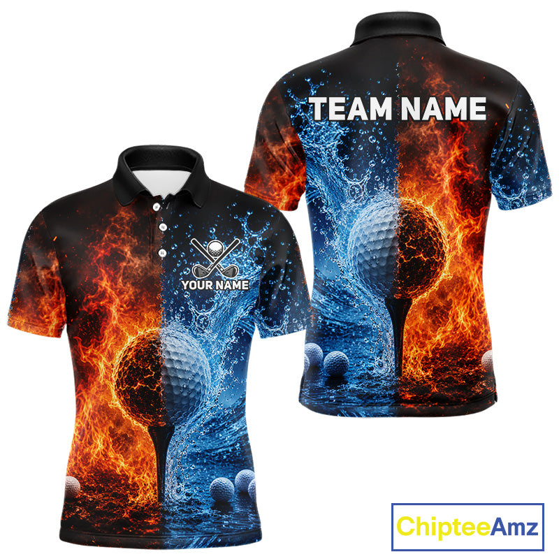 Blue water red flames mens golf polo shirt golf outfit