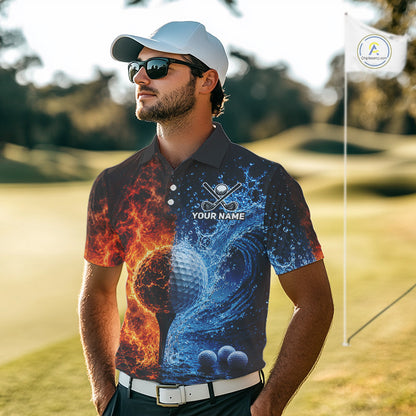 Blue Water & Red Flames Mens Golf Polo Shirt Custom Golf Clothing Golf Team Outfits NYN3390
