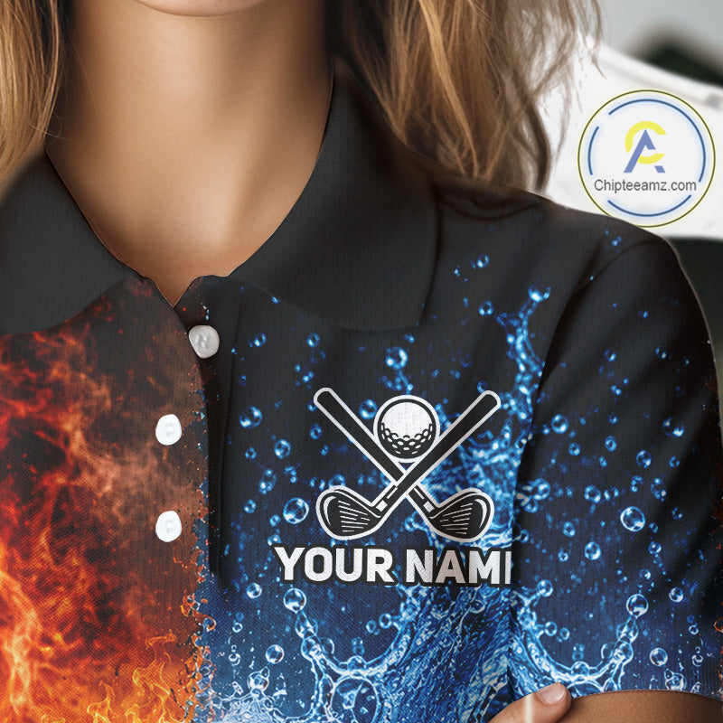 Blue Water & Red Flames Womens Golf Polo Shirt Custom Golf Clothing Golf Team Outfits NYN3390