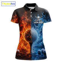 Load image into Gallery viewer, Blue water red flames womens golf polo shirt golf team outfit