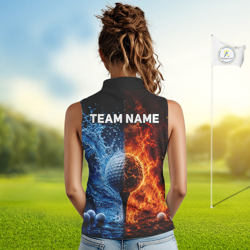 Blue Water & Red Flames Womens Golf Sleeveless Polo Shirt Custom Golf Clothing Golf Team Outfits NYN3390
