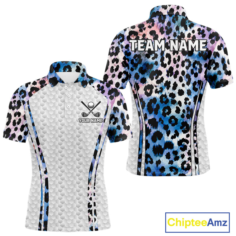 Neon blue leopard mens golf polo shirt custom golf apparel