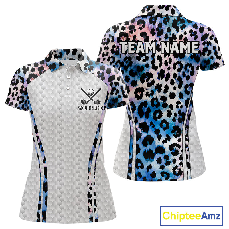 Neon blue leopard womens golf polo shirt custom golf apparel