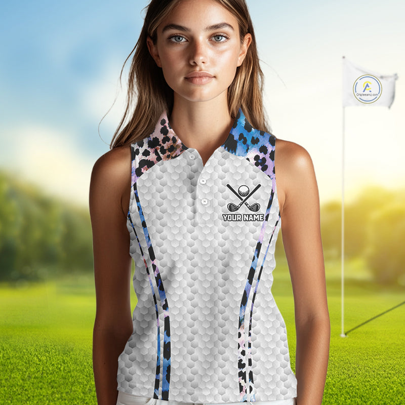 Womens Golf Sleeveless Polo Shirt Custom Neon Blue Leopard Pattern Golf Shirts ,Best Womens Golf Shirts NYN3391