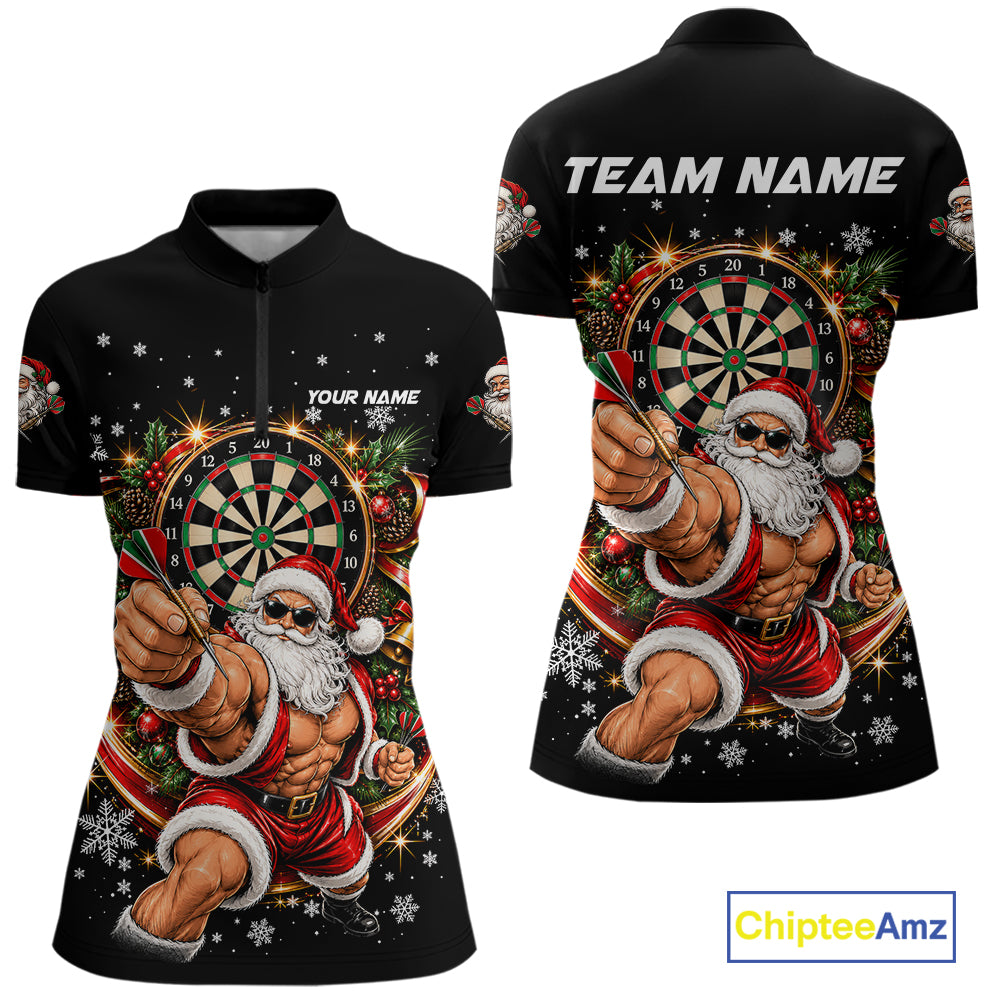 Funny Muscular Santa Dart Team Jersey For Women Custom Christmas Darts Polo 1/4-Zip Shirt Darts Gifts NYN5097