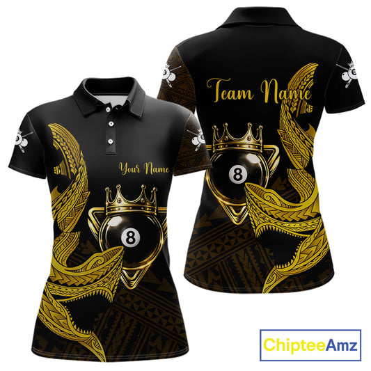 Gold 8 Ball Crown Women's Billiard Polo & 1/4 Zip Shirt Custom Tribal Billiard Attire Gifts NYN2345
