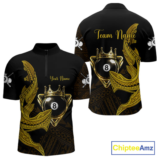 Gold 8 Ball Crown Men's Billiard Polo & 1/4 Zip Shirt Custom Tribal Billiard Attire Gifts NYN2345