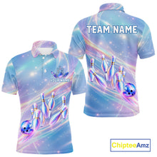 Load image into Gallery viewer, Holographic Bowling Ball &amp; Pins Shirt For Men Custom Rainbow Galaxy Polo Quarter-Zip Bowling Jersey NYN3675
