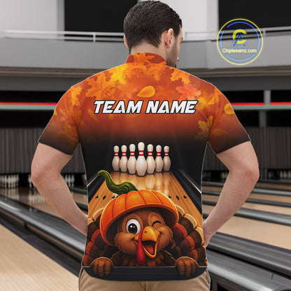 Personalized Funny Turkey Autumn Bowling Shirts For Men Thanksgiving Bowling Team Polo 1/4-Zip Shirt NYN3931