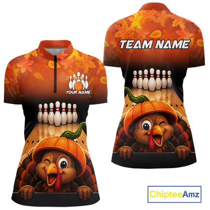 Personalized Funny Turkey Autumn Bowling Shirts For Women Thanksgiving Bowling Team Polo 1/4-Zip Shirt NYN3931
