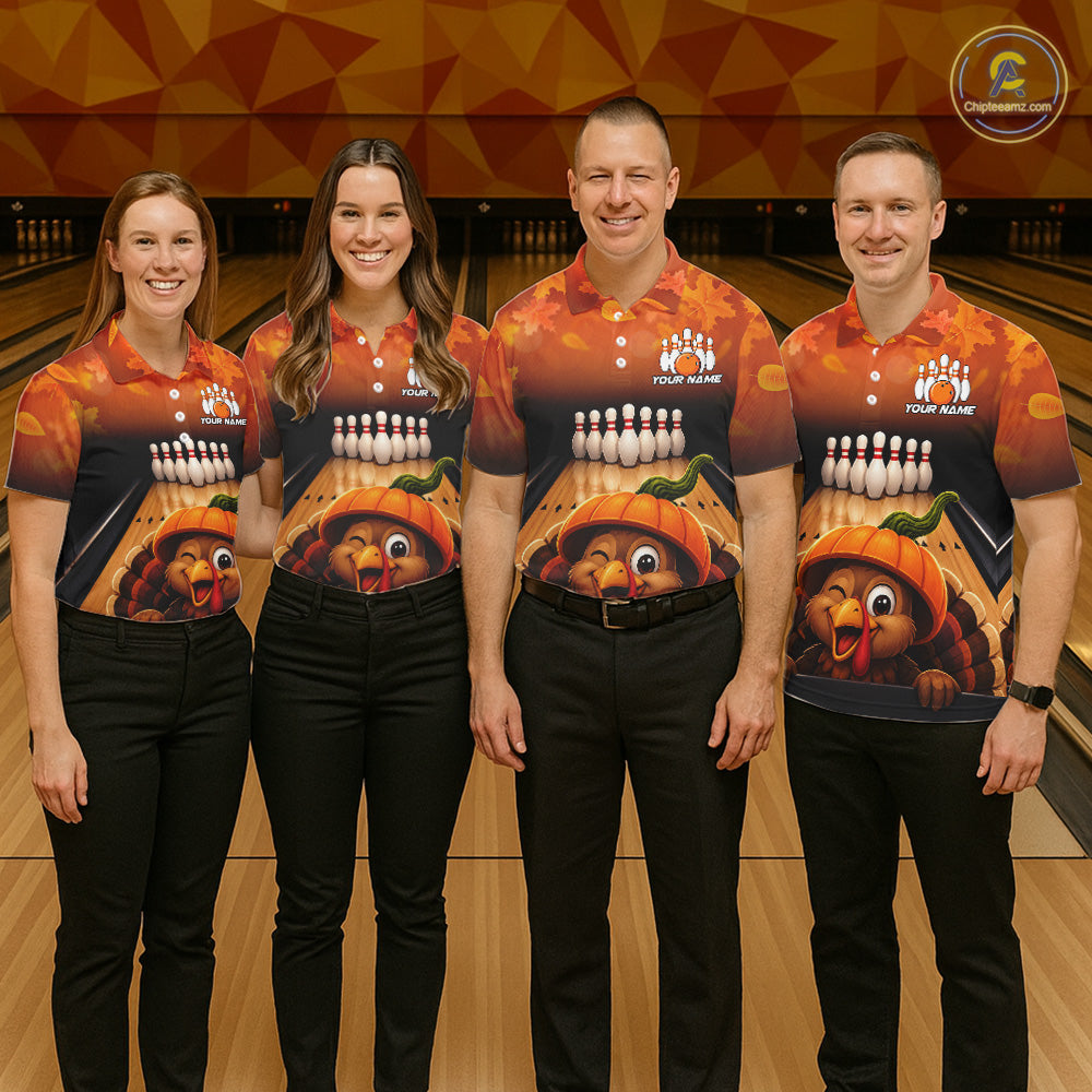 Personalized Funny Turkey Autumn Bowling Shirts For Women Thanksgiving Bowling Team Polo 1/4-Zip Shirt NYN3931