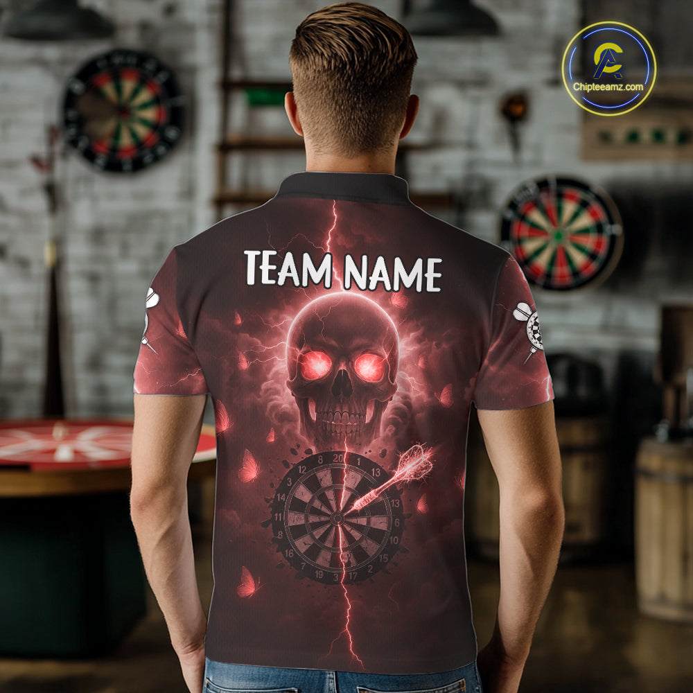 Custom Red Skull Butterflies Lightning Dartboard Men Darts Polo Shirt, Dart Jerseys NYN1843