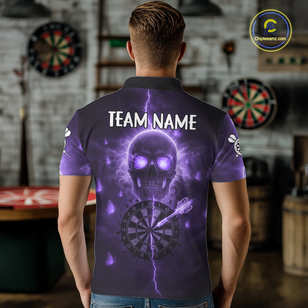 Custom Purple Skull Butterflies Lightning Dartboard Men Darts Polo Shirt, Dart Jerseys NYN1844