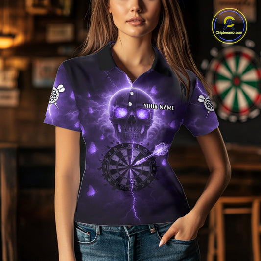 Custom Purple Skull Butterflies Lightning Dartboard Women Darts Polo Shirt, Dart Jerseys NYN1844
