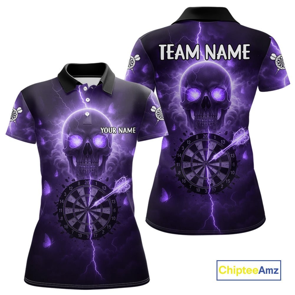 Custom Purple Skull Butterflies Lightning Dartboard Women Darts Polo Shirt, Dart Jerseys NYN1844