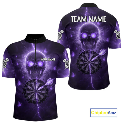 Custom Purple Skull Butterflies Lightning Dartboard Men Darts Quarter-Zip Shirt, Dart Jerseys NYN1844
