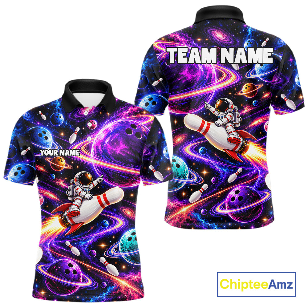 Funny Rocket Pin Bowling Polo 1/4-Zip Shirt For Men Custom Purple Galaxy Youth Bowler Bowling Apparel NYN5111