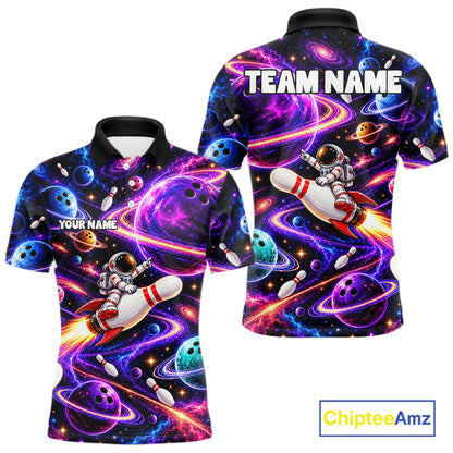 Funny Rocket Pin Bowling Polo 1/4-Zip Shirt For Men Custom Purple Galaxy Youth Bowler Bowling Apparel NYN5111