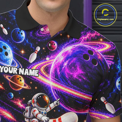 Funny Rocket Pin Bowling Polo 1/4-Zip Shirt For Women Custom Purple Galaxy Youth Bowler Bowling Apparel NYN5111