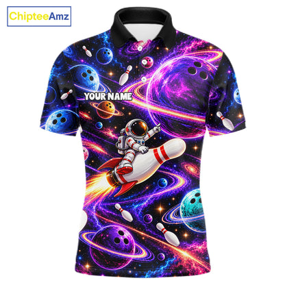 Funny Rocket Pin Bowling Polo 1/4-Zip Shirt For Men Custom Purple Galaxy Youth Bowler Bowling Apparel NYN5111