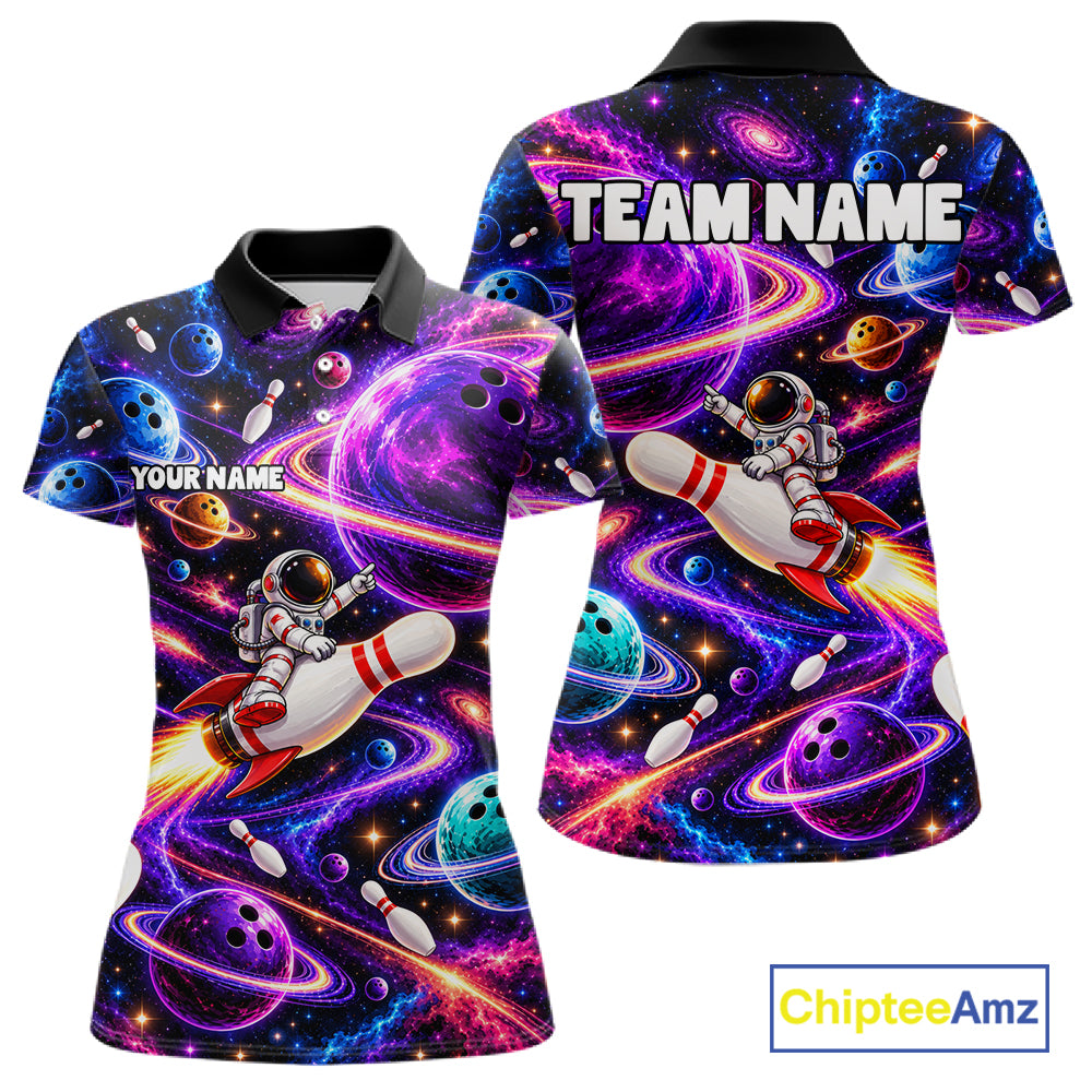Funny Rocket Pin Bowling Polo 1/4-Zip Shirt For Women Custom Purple Galaxy Youth Bowler Bowling Apparel NYN5111