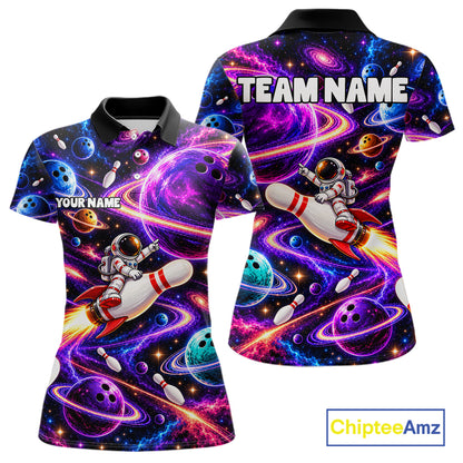 Funny Rocket Pin Bowling Polo 1/4-Zip Shirt For Women Custom Purple Galaxy Youth Bowler Bowling Apparel NYN5111