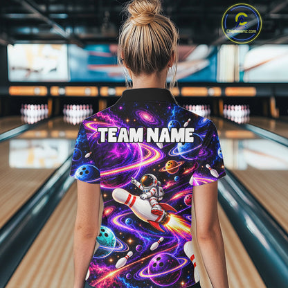 Funny Rocket Pin Bowling Polo 1/4-Zip Shirt For Women Custom Purple Galaxy Youth Bowler Bowling Apparel NYN5111