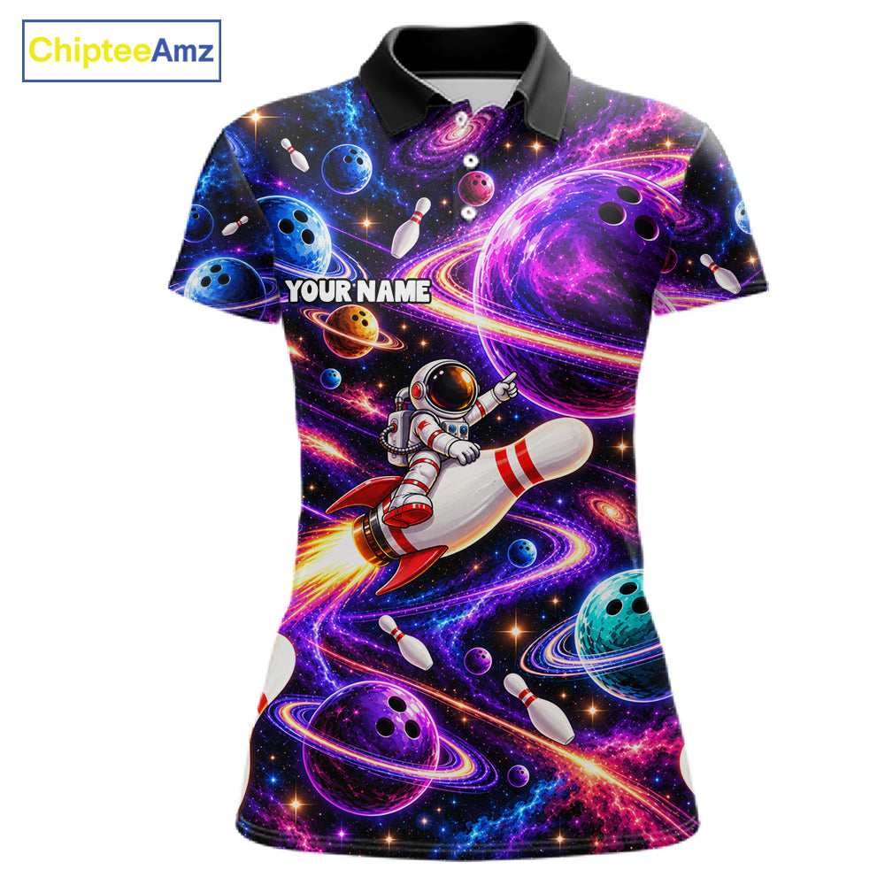 Funny Rocket Pin Bowling Polo 1/4-Zip Shirt For Women Custom Purple Galaxy Youth Bowler Bowling Apparel NYN5111