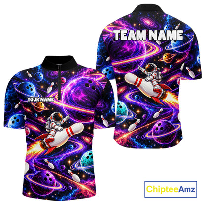 Funny Rocket Pin Bowling Polo 1/4-Zip Shirt For Men Custom Purple Galaxy Youth Bowler Bowling Apparel NYN5111