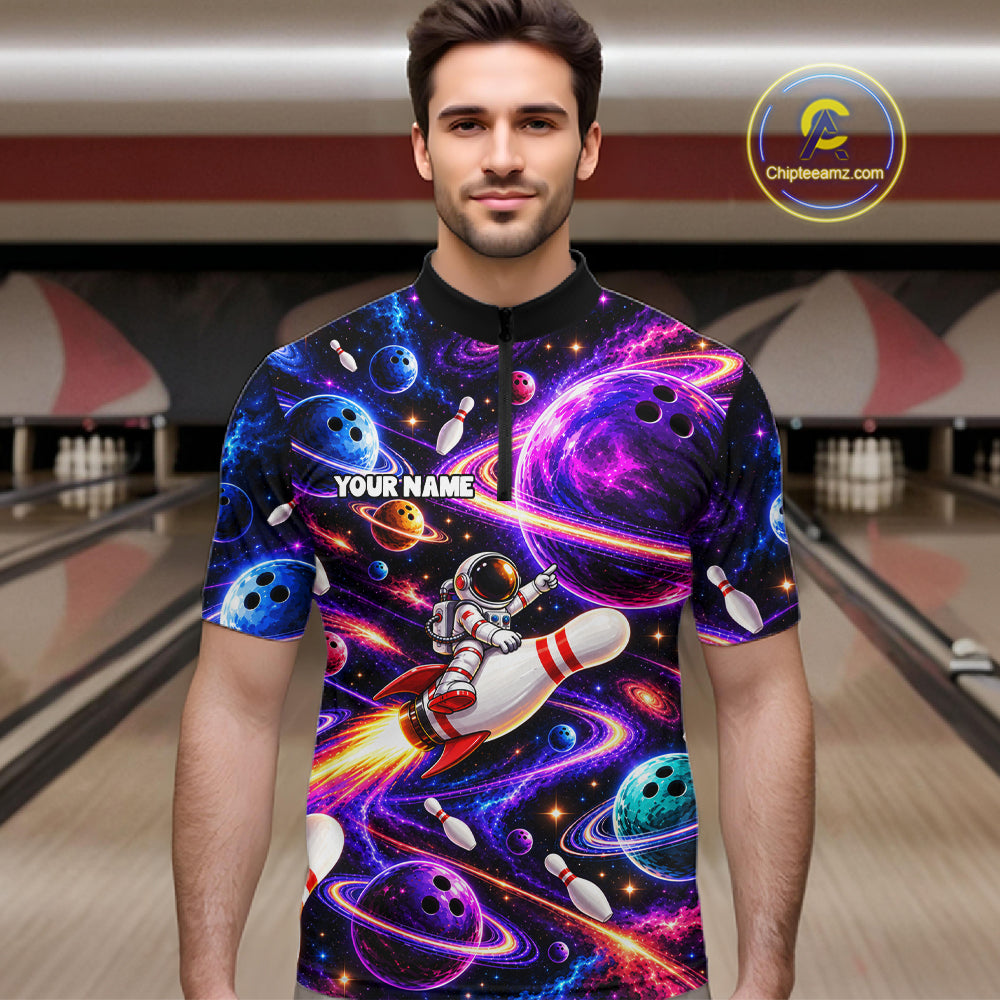 Funny Rocket Pin Bowling Polo 1/4-Zip Shirt For Men Custom Purple Galaxy Youth Bowler Bowling Apparel NYN5111