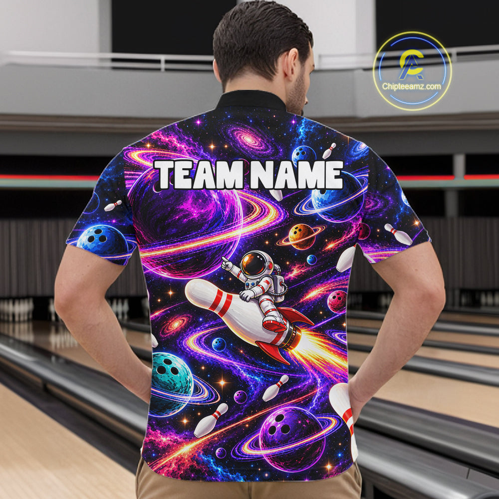 Funny Rocket Pin Bowling Polo 1/4-Zip Shirt For Men Custom Purple Galaxy Youth Bowler Bowling Apparel NYN5111