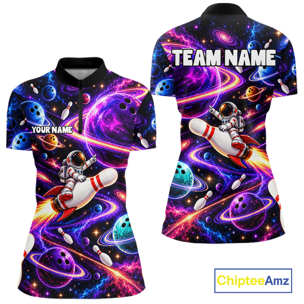 Funny Rocket Pin Bowling Polo 1/4-Zip Shirt For Women Custom Purple Galaxy Youth Bowler Bowling Apparel NYN5111