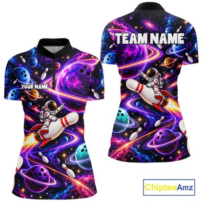 Funny Rocket Pin Bowling Polo 1/4-Zip Shirt For Women Custom Purple Galaxy Youth Bowler Bowling Apparel NYN5111