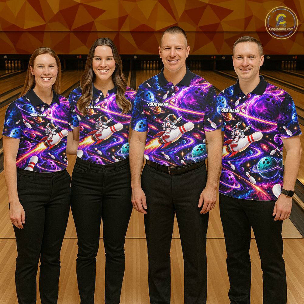 Funny Rocket Pin Bowling Polo 1/4-Zip Shirt For Women Custom Purple Galaxy Youth Bowler Bowling Apparel NYN5111