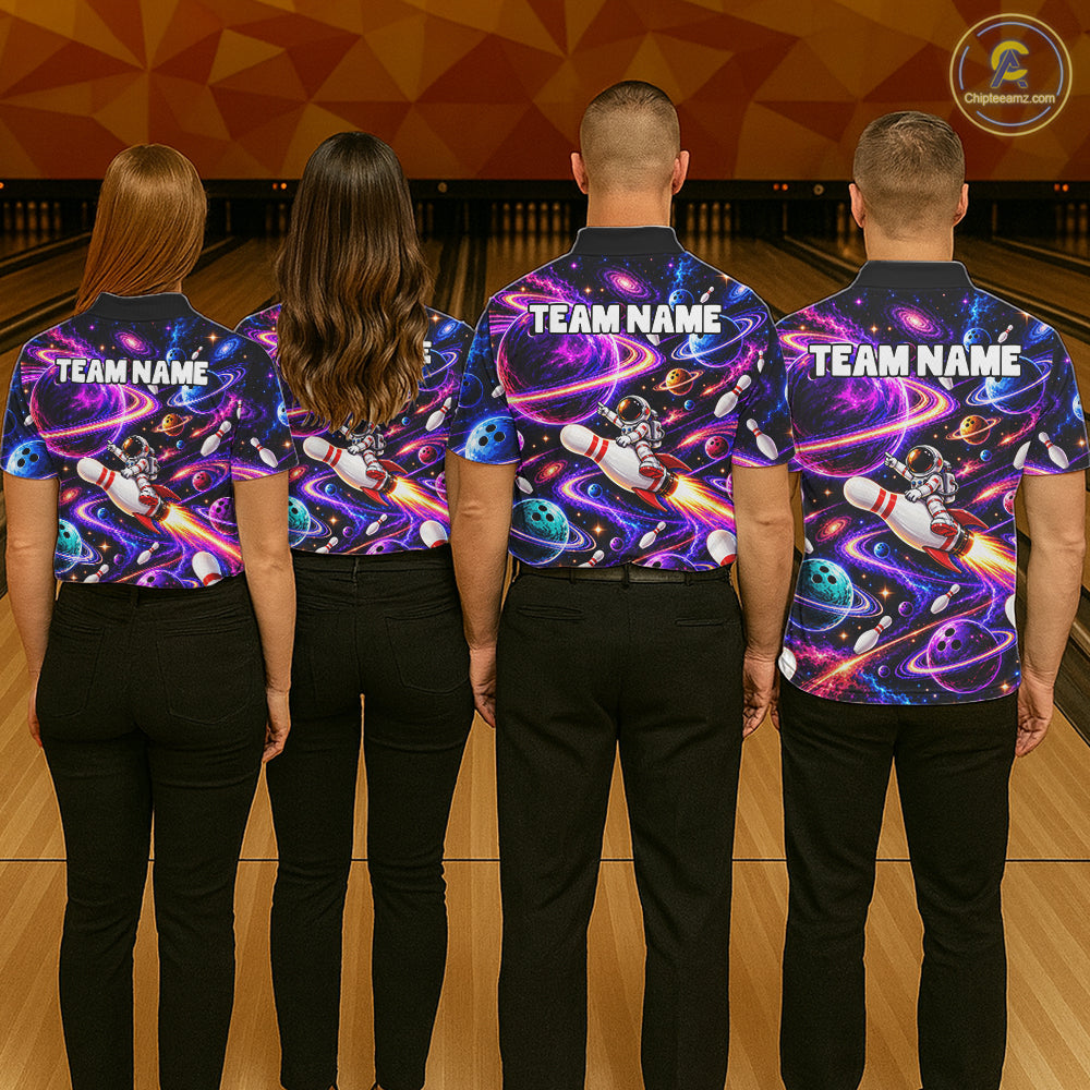 Funny Rocket Pin Bowling Polo 1/4-Zip Shirt For Women Custom Purple Galaxy Youth Bowler Bowling Apparel NYN5111