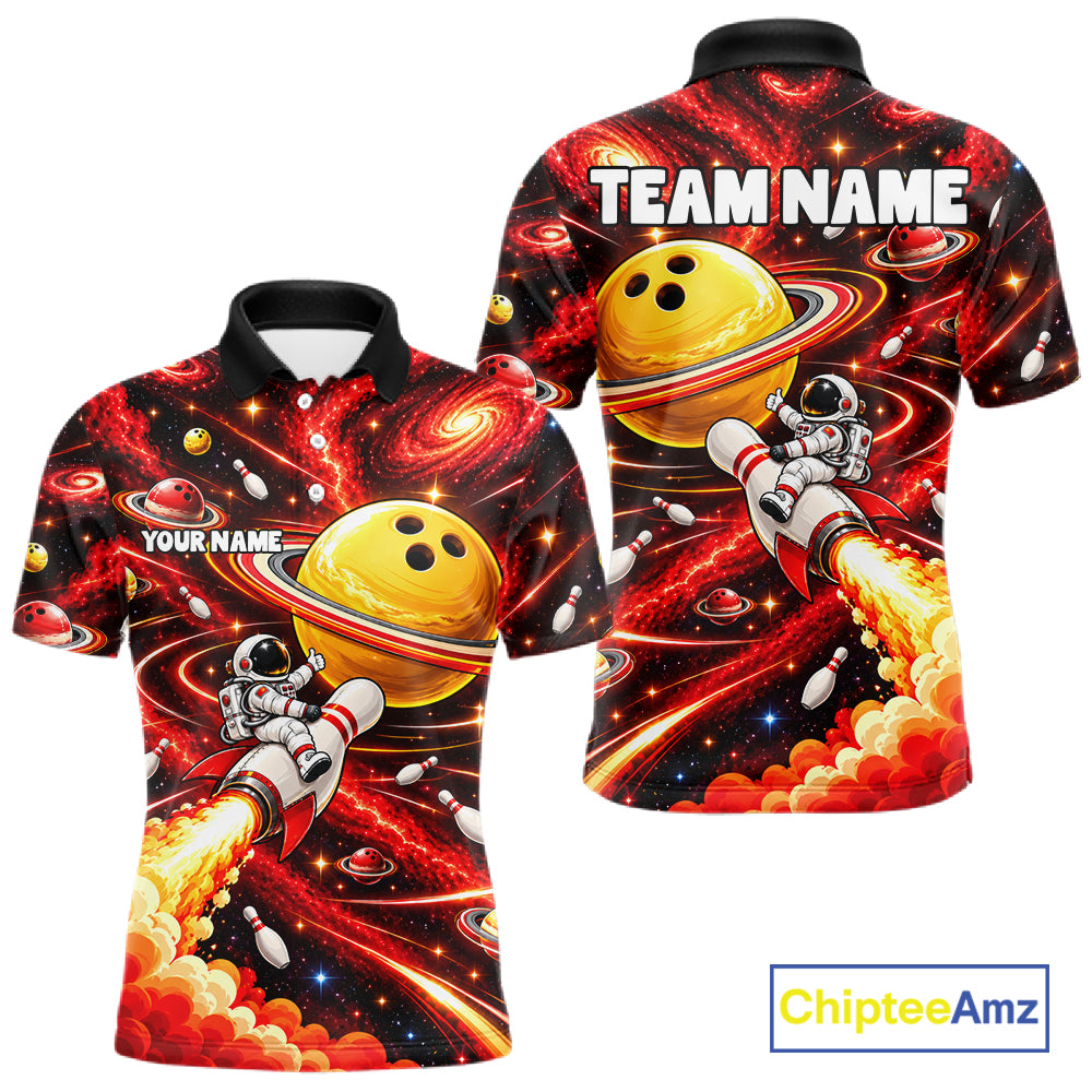Funny Astronaut Riding Rocket Pin Bowling Shirt For Men Custom Name Bowler Red Galaxy Team Jersey NYN5112