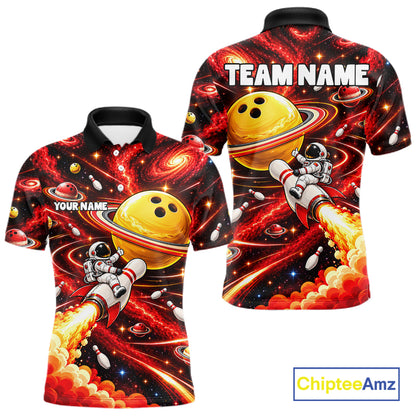 Funny Astronaut Riding Rocket Pin Bowling Shirt For Men Custom Name Bowler Red Galaxy Team Jersey NYN5112
