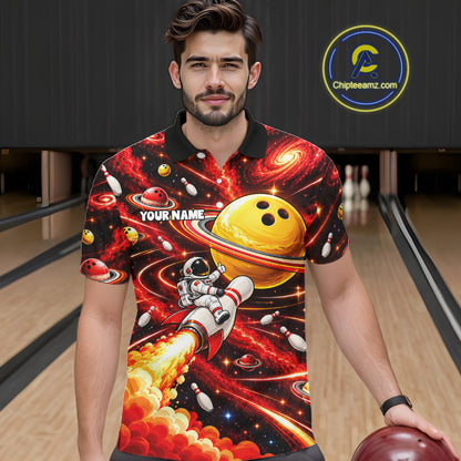 Funny Astronaut Riding Rocket Pin Bowling Shirt For Men Custom Name Bowler Red Galaxy Team Jersey NYN5112