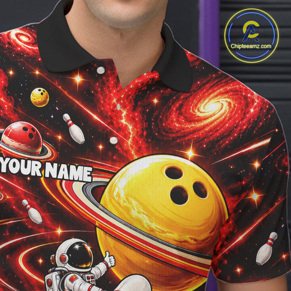 Funny Astronaut Riding Rocket Pin Bowling Shirt For Men Custom Name Bowler Red Galaxy Team Jersey NYN5112