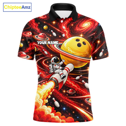 Funny Astronaut Riding Rocket Pin Bowling Shirt For Men Custom Name Bowler Red Galaxy Team Jersey NYN5112