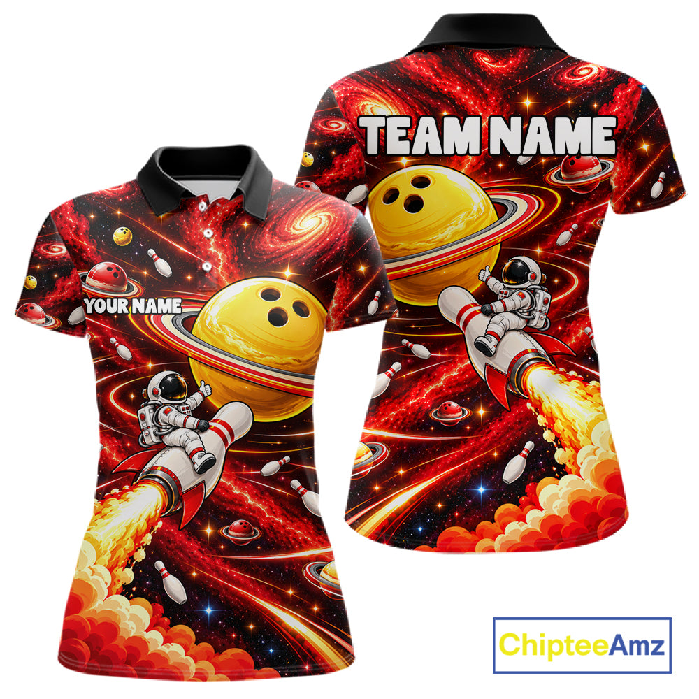 Funny Astronaut Riding Rocket Pin Bowling Shirt For Women Custom Name Bowler Red Galaxy Team Jersey NYN5112