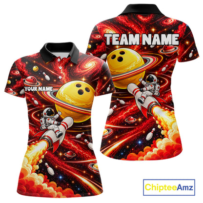 Funny Astronaut Riding Rocket Pin Bowling Shirt For Women Custom Name Bowler Red Galaxy Team Jersey NYN5112