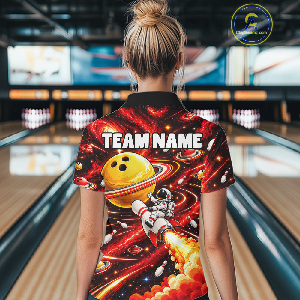 Funny Astronaut Riding Rocket Pin Bowling Shirt For Women Custom Name Bowler Red Galaxy Team Jersey NYN5112