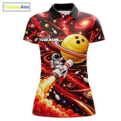 Funny Astronaut Riding Rocket Pin Bowling Shirt For Women Custom Name Bowler Red Galaxy Team Jersey NYN5112