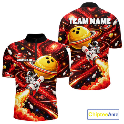 Funny Astronaut Riding Rocket Pin Bowling Shirt For Men Custom Name Bowler Red Galaxy Team Jersey NYN5112