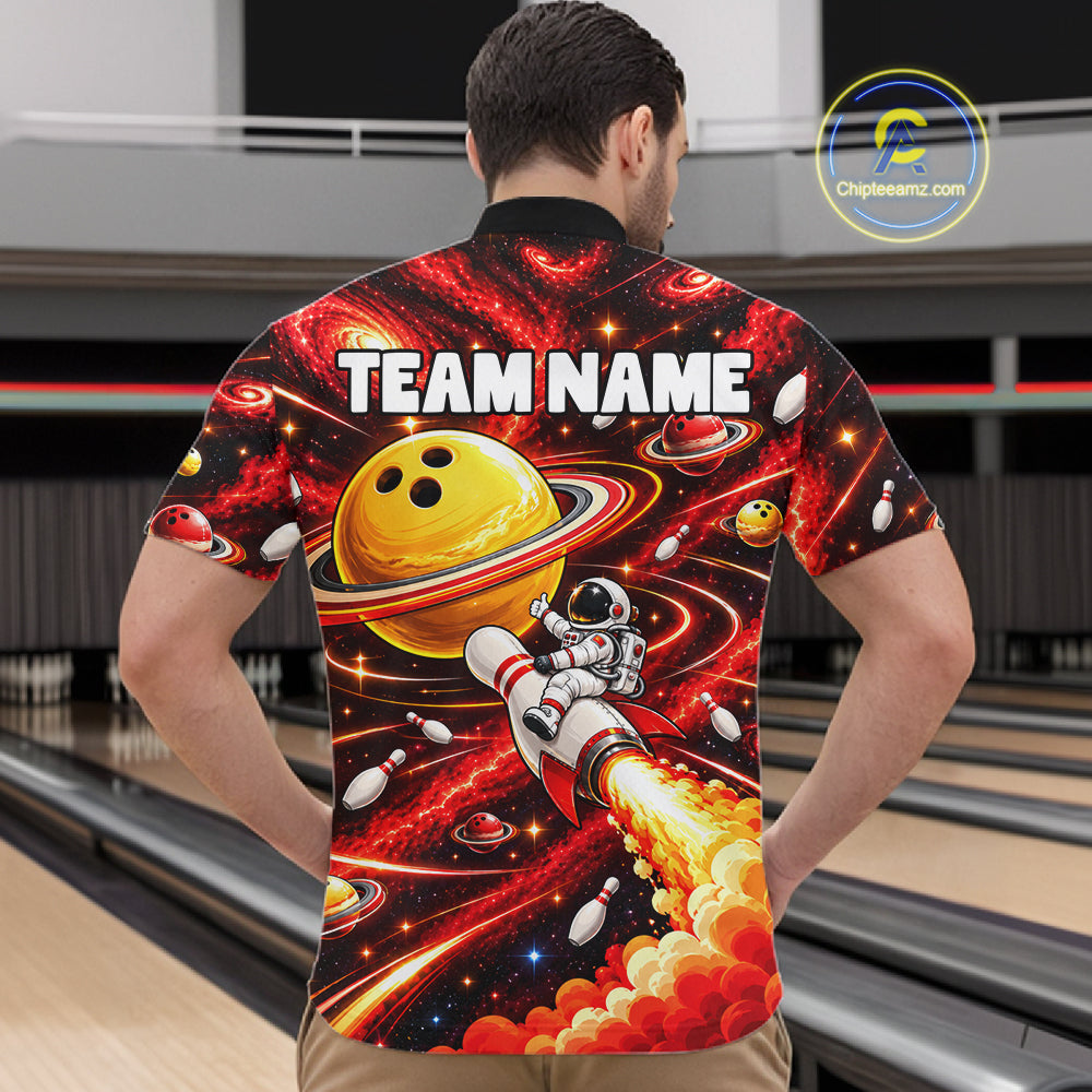 Funny Astronaut Riding Rocket Pin Bowling Shirt For Men Custom Name Bowler Red Galaxy Team Jersey NYN5112