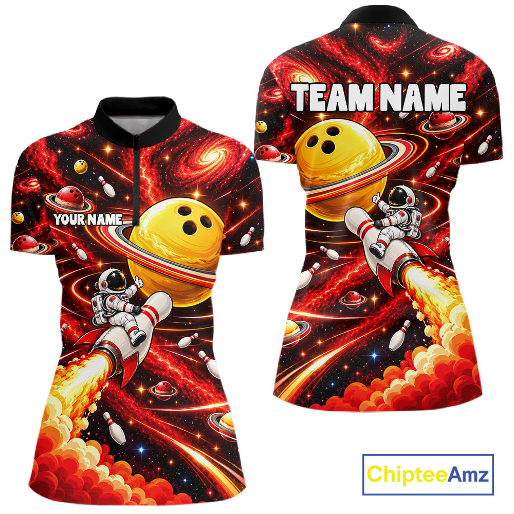 Funny Astronaut Riding Rocket Pin Bowling Shirt For Women Custom Name Bowler Red Galaxy Team Jersey NYN5112